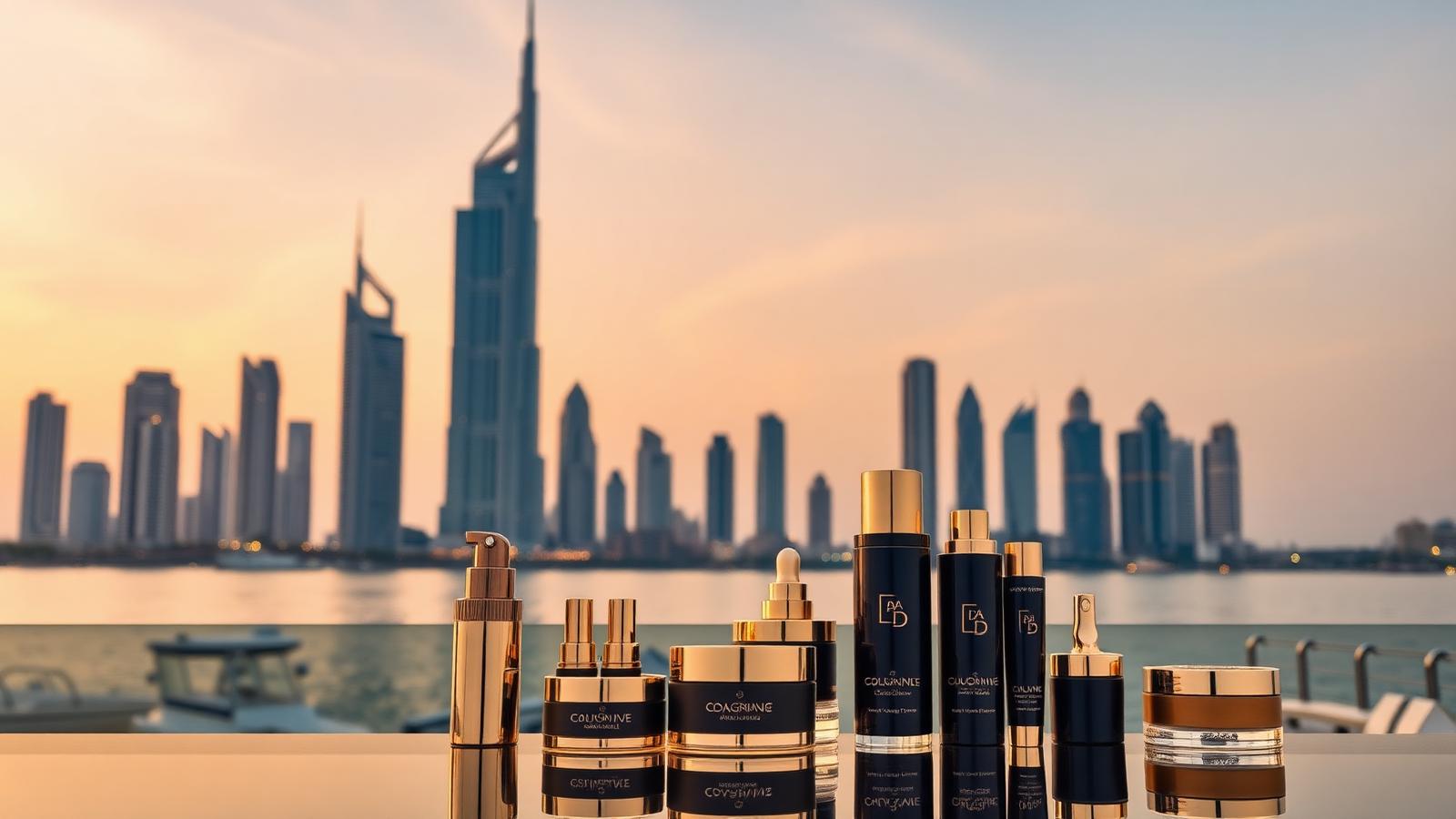 Premium cosmetic bottles displayed against the Dubai skyline at dusk