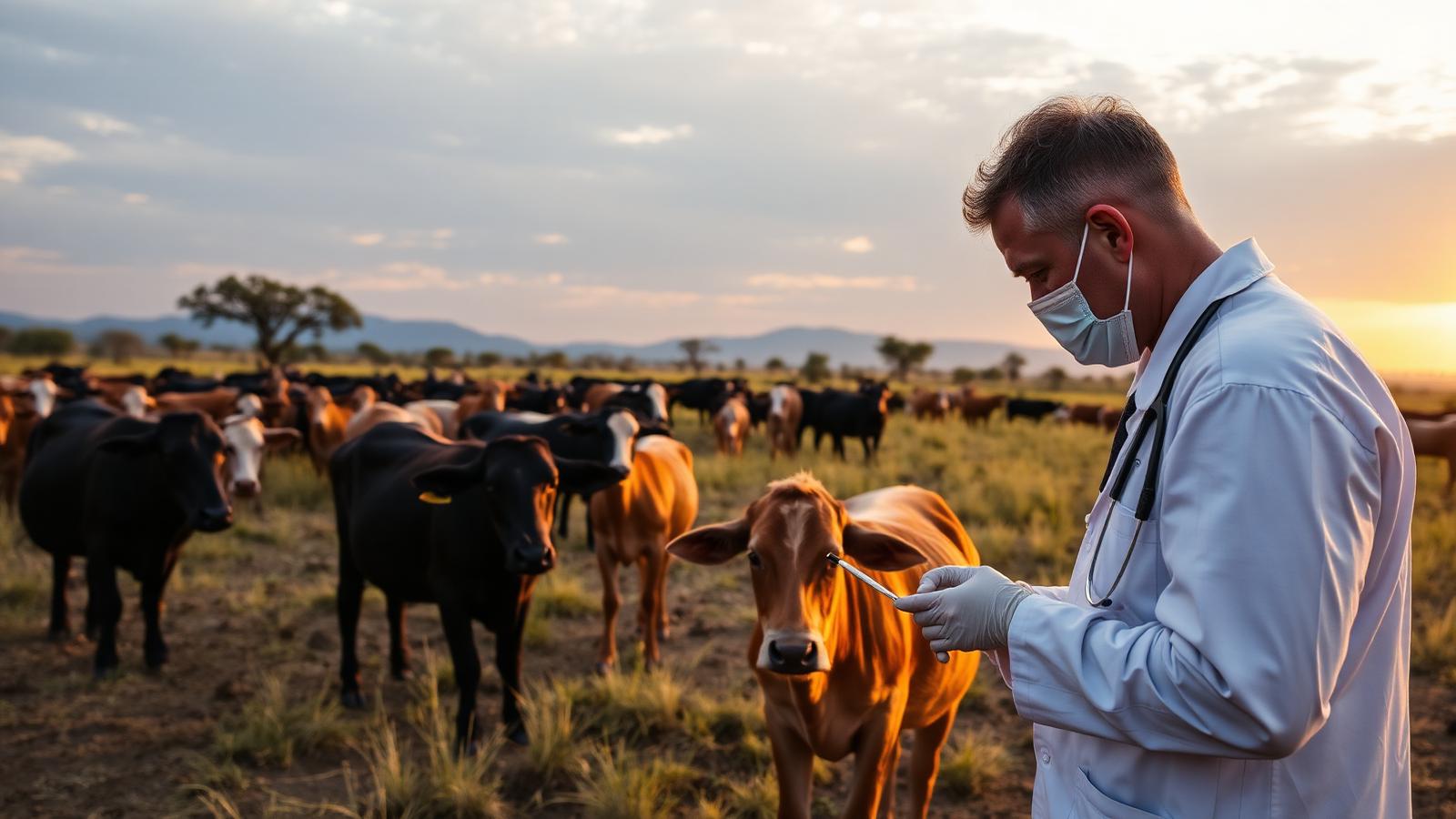 Veterinarian examining cattle on an East African farm at golden hour