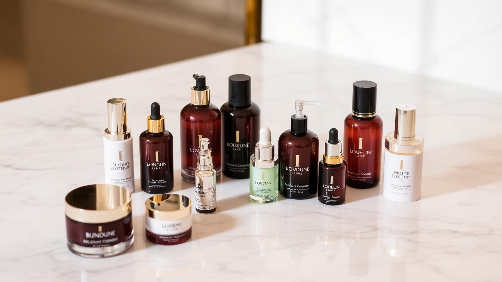 Elegant array of luxury cosmetic bottles on a marble surface in soft gold light
