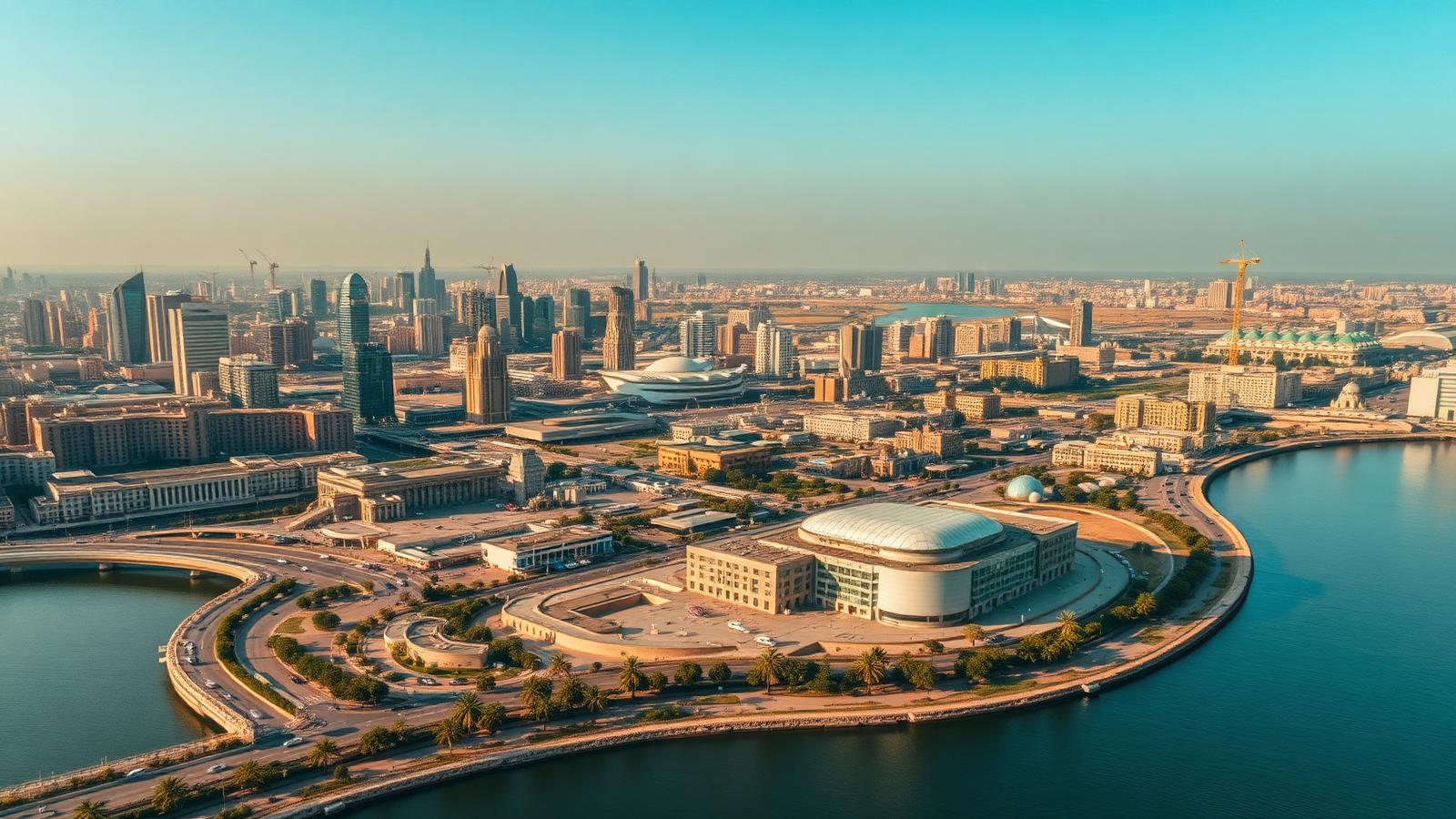 Aerial view of Cairo with the Nile river and modern manufacturing facilities at sunset