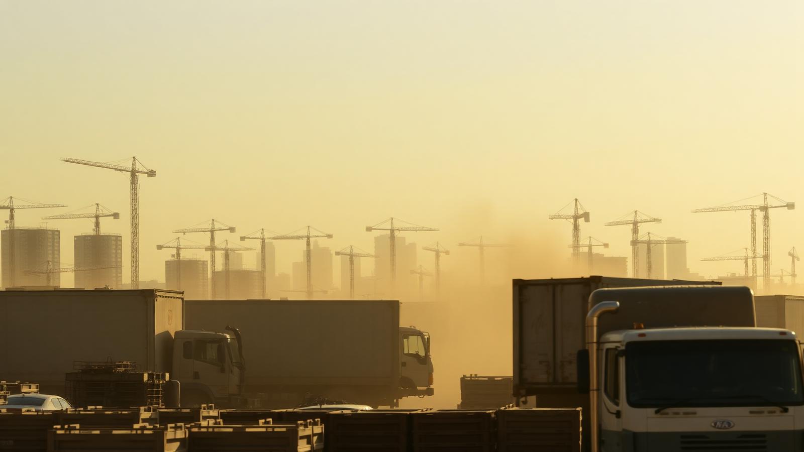 Baghdad skyline with construction cranes and industrial trucks in a dusty golden light