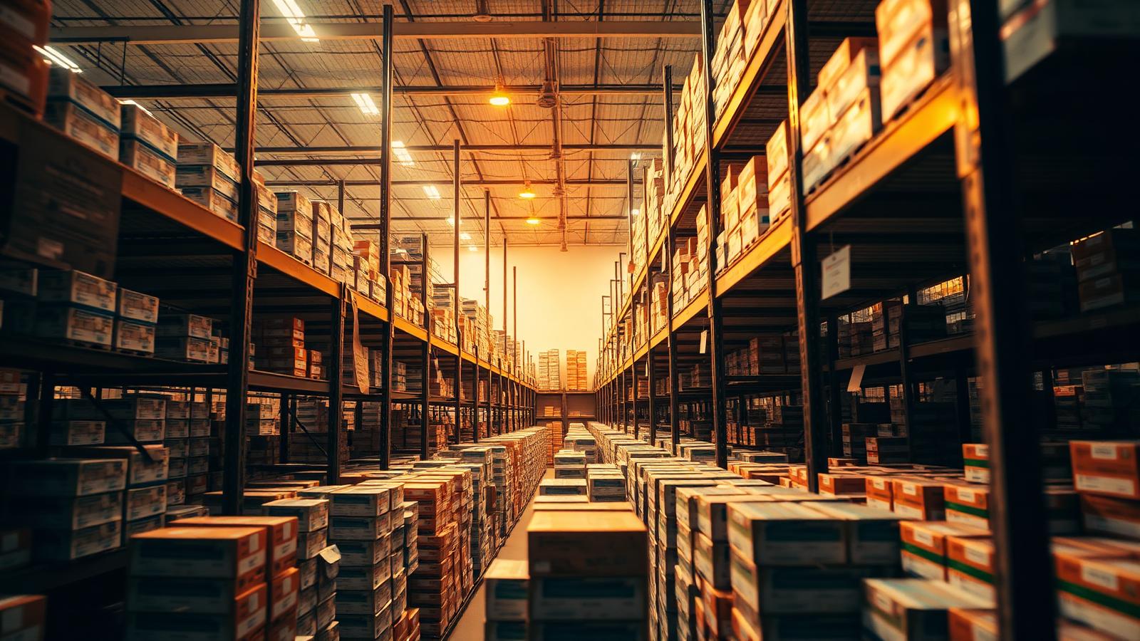 Rows of pharmaceutical product boxes stored in a warehouse in Nigeria