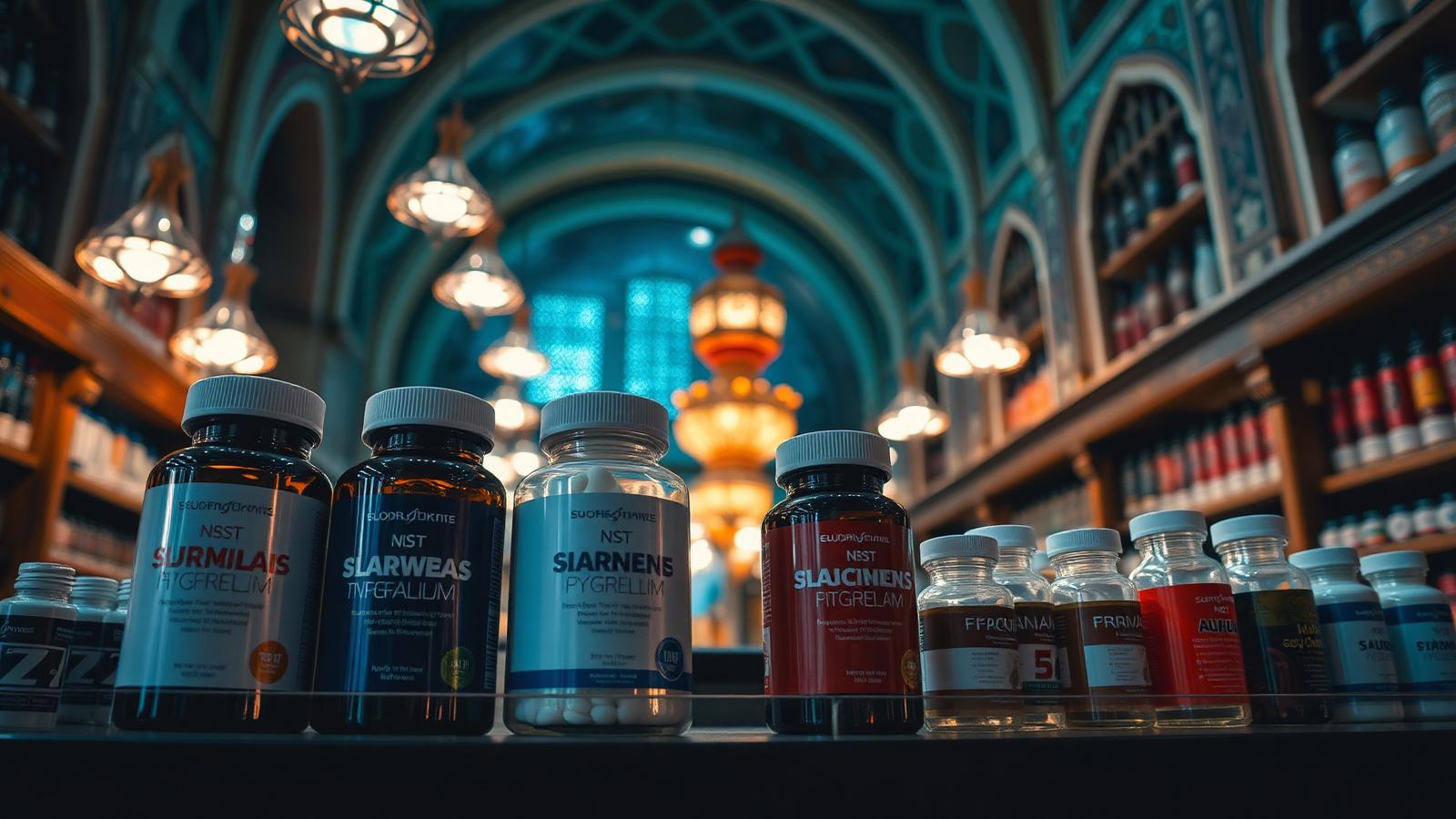 Nutraceutical supplement bottles on display in an ornate Central Asian bazaar