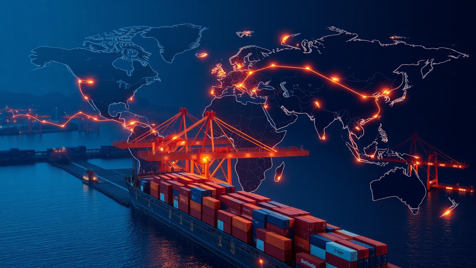 Global shipping port with glowing trade routes overlaid on a world map